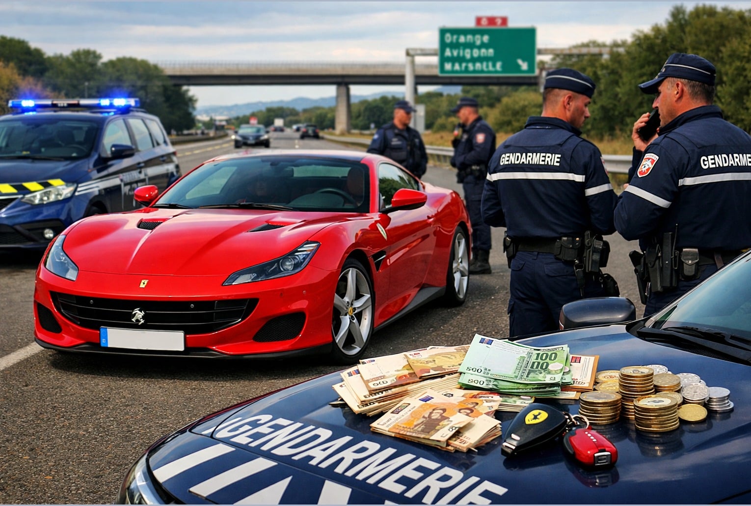 Ferrari rouge arrêtée sur l’autoroute avec gendarmes et indices de fraude sociale sur le capot