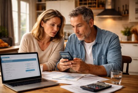 Des parents effectuent un virement bancaire à leur enfant sur smartphone, entourés de documents, dans une cuisine.