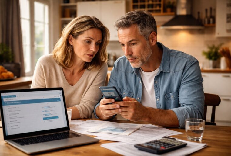 Des parents effectuent un virement bancaire à leur enfant sur smartphone, entourés de documents, dans une cuisine.