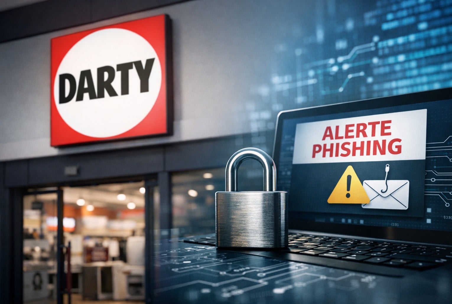 « Cyberattaque Darty : logo Darty sur une enseigne, cadenas au premier plan et alerte phishing sur un écran »