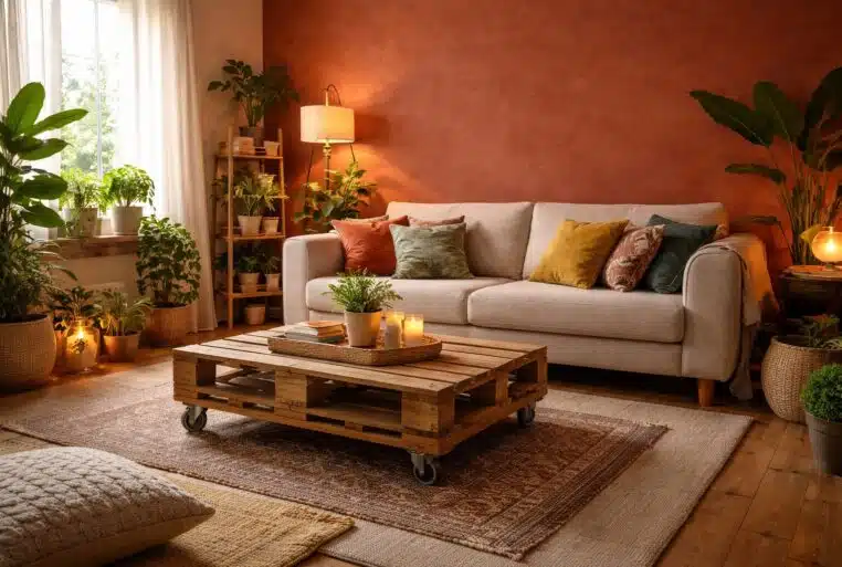 Déco salon moins de 100 euros : salon cosy avec mur terracotta, table basse en palettes et plantes vertes.