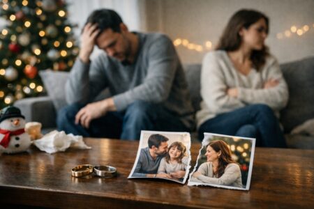 Couple en tension après les fêtes, alliances posées sur une table et photo de famille déchirée en arrière-plan.