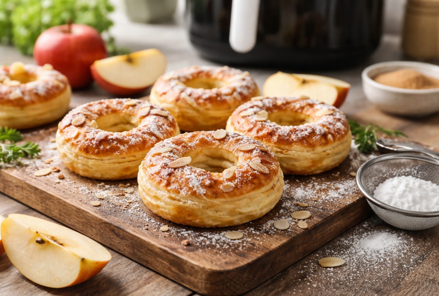 Donuts sans friture aux pommes en pâte feuilletée, saupoudrés de sucre glace, avec un air fryer en arrière-plan.