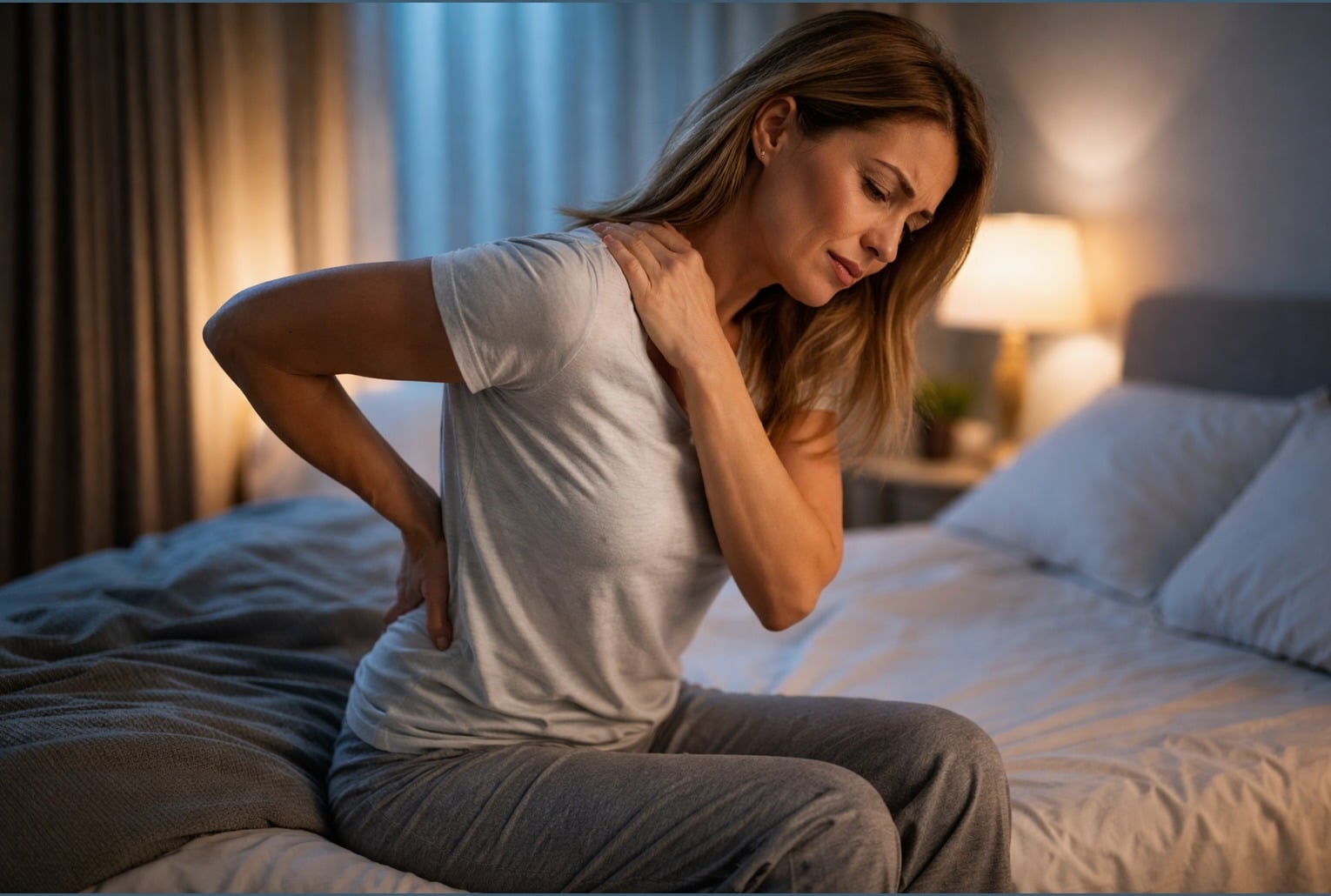 Femme réveillée la nuit avec une douleur dorsale nocturne, assise sur le lit et tenant le haut du dos.