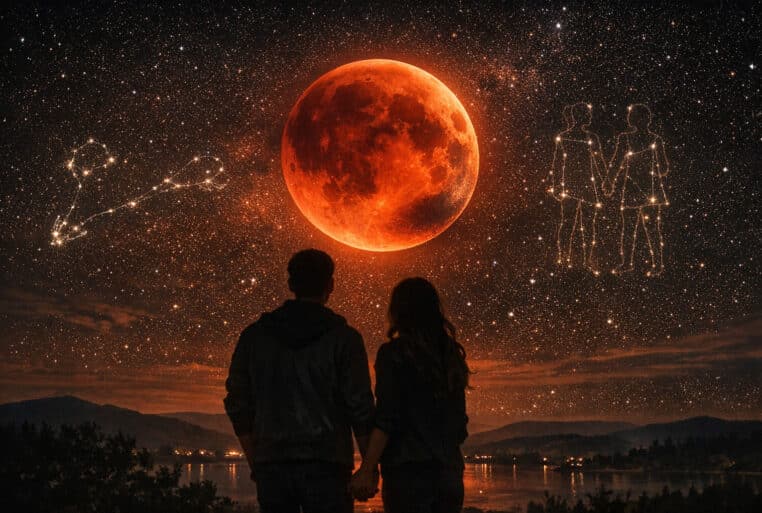 Éclipse de lune du 3 mars 2026 : couple observant une lune de sang, avec les constellations Poissons et Gémeaux