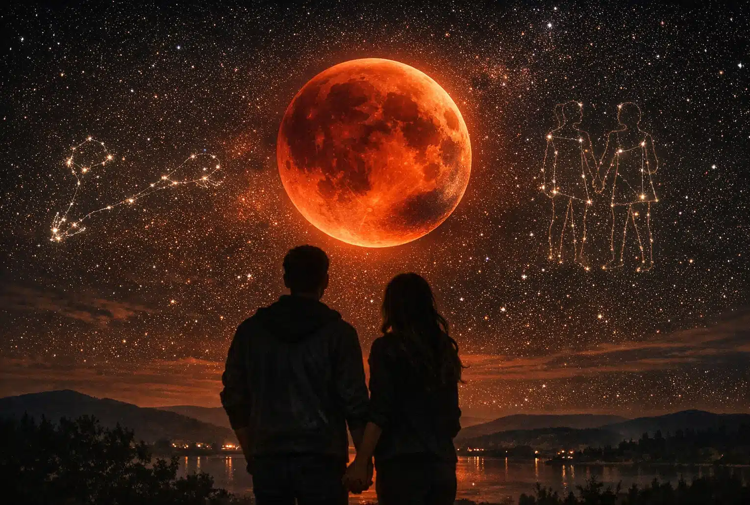 Éclipse de lune du 3 mars 2026 : couple observant une lune de sang, avec les constellations Poissons et Gémeaux