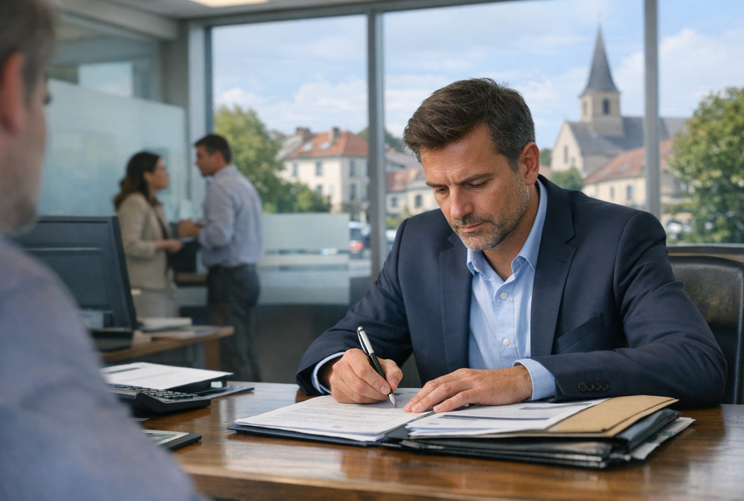 Escroquerie aux faux crédits immobiliers : un cadre bancaire signe un dossier dans une agence, à Villepreux (Yvelines).