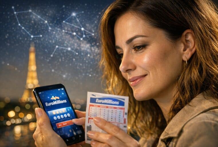 EuroMillions : une femme regarde son ticket et son téléphone la nuit, avec un ciel étoilé en arrière-plan