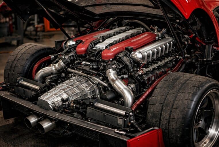 Gros plan sur le V12 d’une Ferrari F40 EVO en cours de montage, capot arrière ouvert dans un atelier.