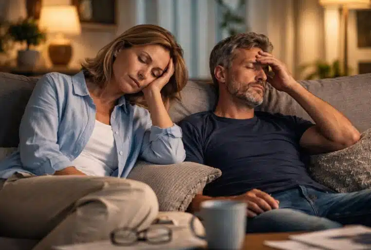atigue de la quarantaine : un couple d’une quarantaine d’années épuisé sur un canapé en fin de soirée.