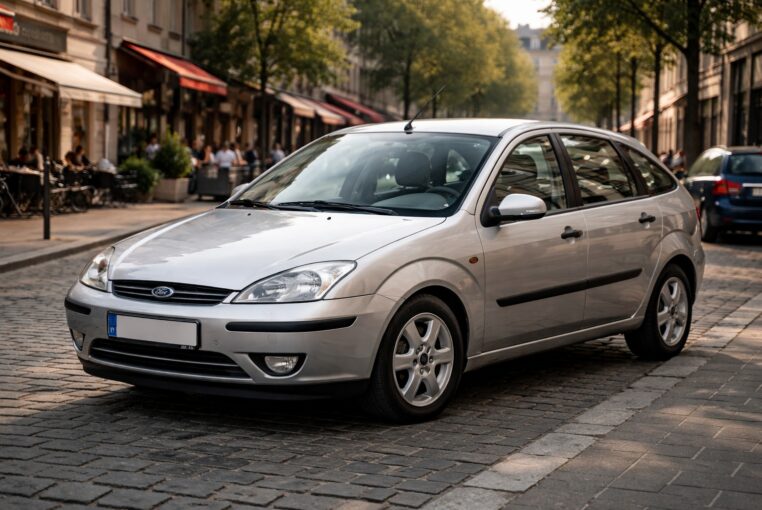Une Ford Focus Mk1 grise, symbole de fiabilité, garée dans une rue européenne en fin de journée.