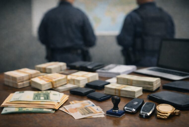 Fraude sociale : documents et liasses saisis lors d’une enquête, image sobre sans texte.