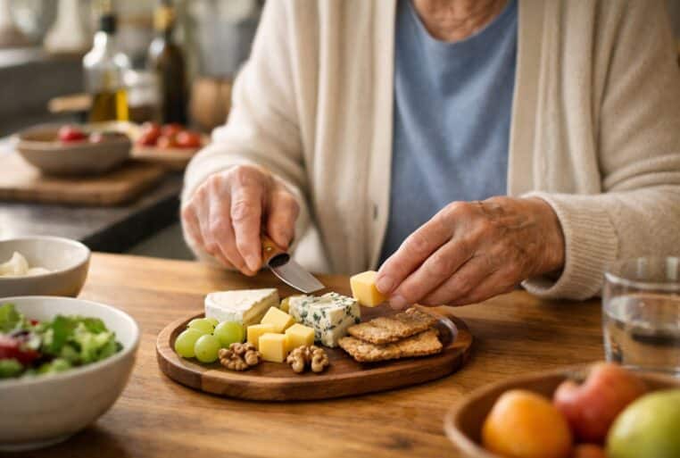 Une personne âgée prépare une petite assiette de fromage dans une cuisine lumineuse, illustration d’une consommation modérée potentiellement associée à un risque de démence plus faible.