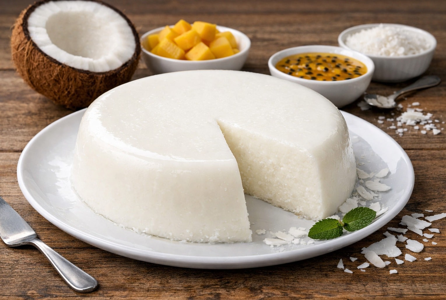 Gâteau coco sans cuisson, démoulé et entamé, avec coulis de fruit de la passion et dés de mangue en arrière-plan.