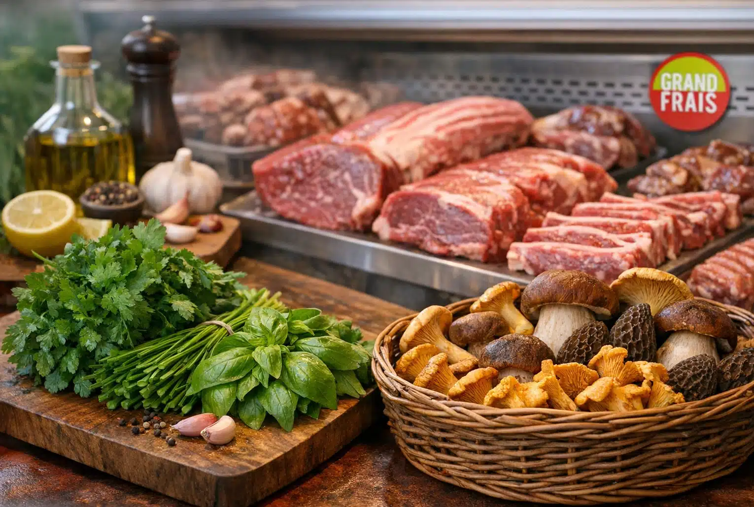 Herbes fraîches, pièces de boucherie et champignons sauvages en avant-plan, avec le logo Grand Frais discret en arrière-plan.