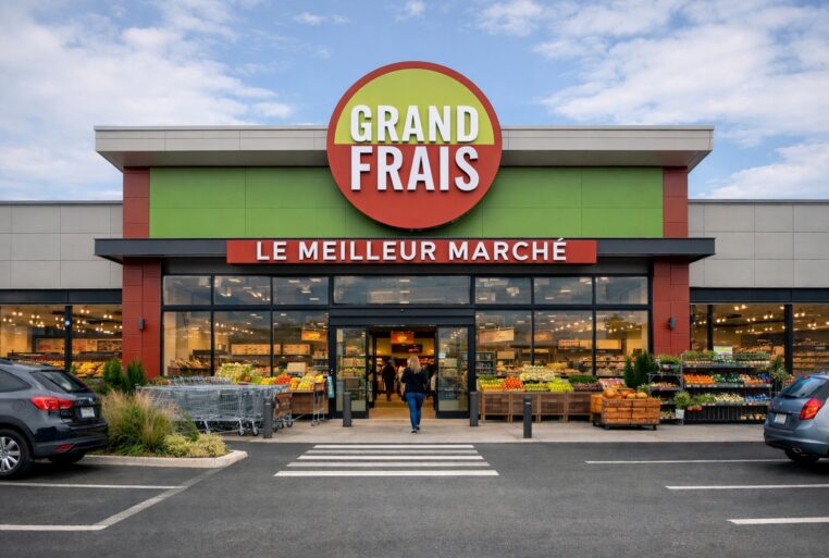 Façade d’un magasin Grand Frais en France, avec l’enseigne « Grand Frais » et des étals de fruits et légumes à l’entrée.