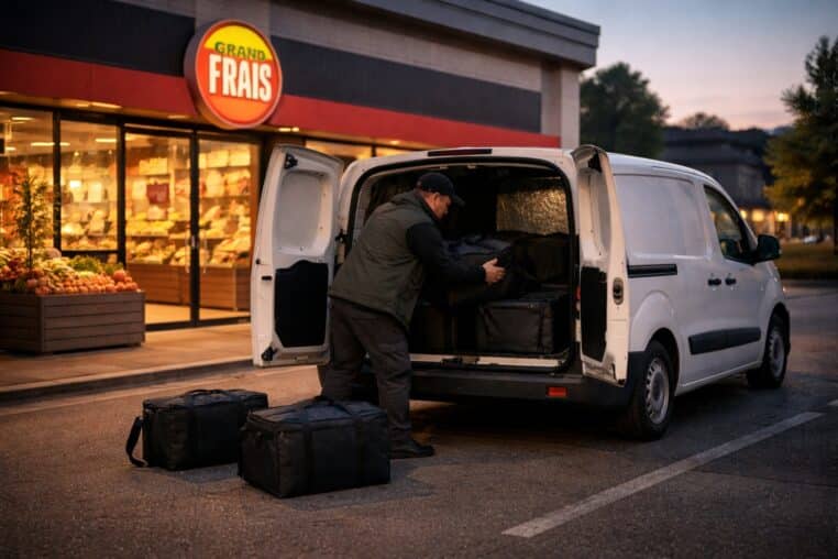 Devant un magasin Grand Frais, un livreur charge des sacs isothermes dans un utilitaire blanc, en début de soirée.