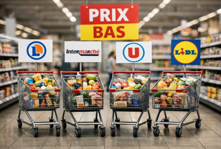 Comparaison des prix en grande distribution : quatre chariots alignés dans une allée de supermarché, sous une pancarte « prix bas ».