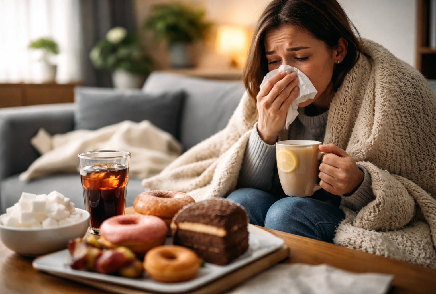 Grippe 2026 : une femme malade boit une boisson chaude tandis que des aliments très sucrés sont posés devant elle.