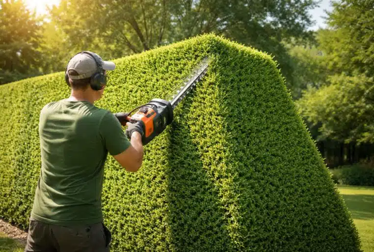 Jardinier taillant une haie en trapèze au taille-haies pour conserver une base dense et bien exposée à la lumière.