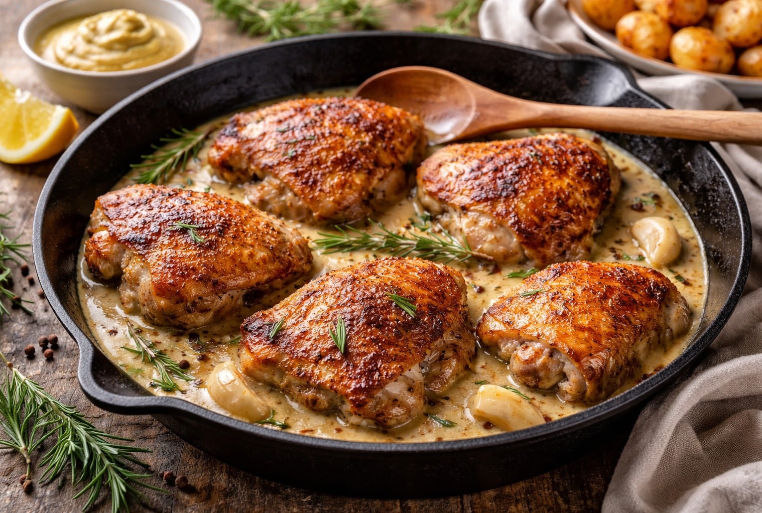 Hauts de cuisse de poulet dorés dans une poêle, sauce moutarde-crème, bien juteux