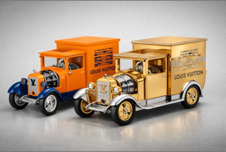 Horloge Camionnette Louis Vuitton en deux versions (orange/bleu et or sertie), photographie studio sur fond gris.