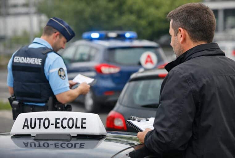 Image d’illustration : contrôle de gendarmerie autour d’une voiture d’auto-école, vérification de documents.