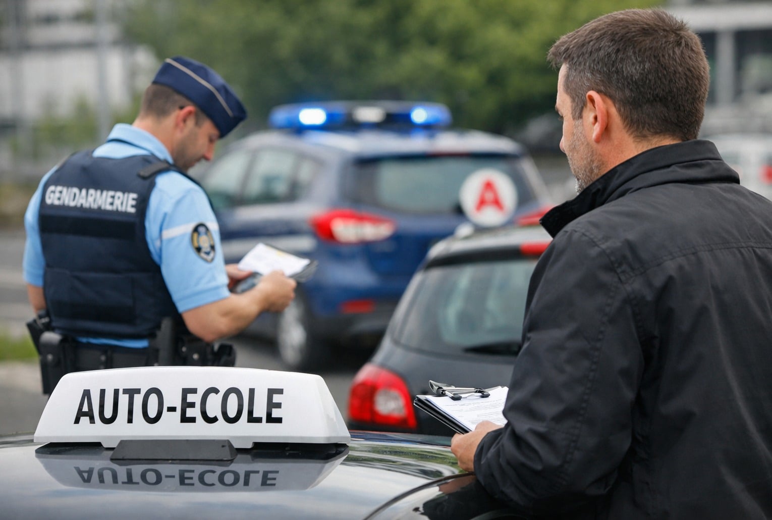 Image d’illustration : contrôle de gendarmerie autour d’une voiture d’auto-école, vérification de documents.