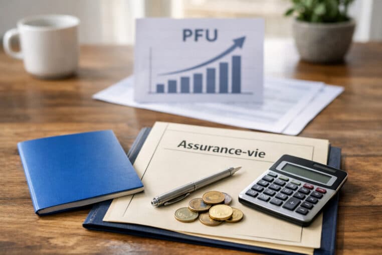 Hausse du PFU : livret d’épargne et dossier d’assurance-vie sur une table, avec calculatrice et pièces en euros.