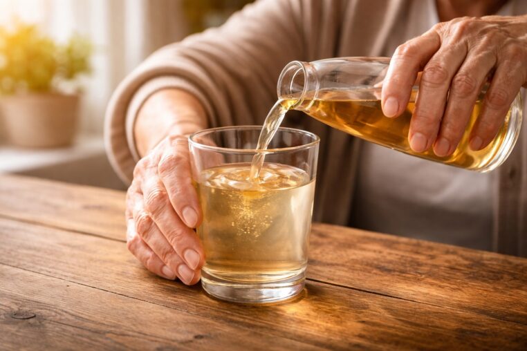 Mains d’une personne âgée versant une boisson dans un verre posé sur une table en bois, lumière douce.