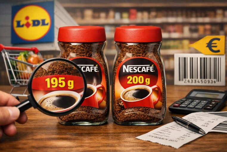 Deux pots de café soluble quasi identiques, “195 g” vs “200 g”, illustration du cas Nescafé Lidl et de la comparaison au poids.