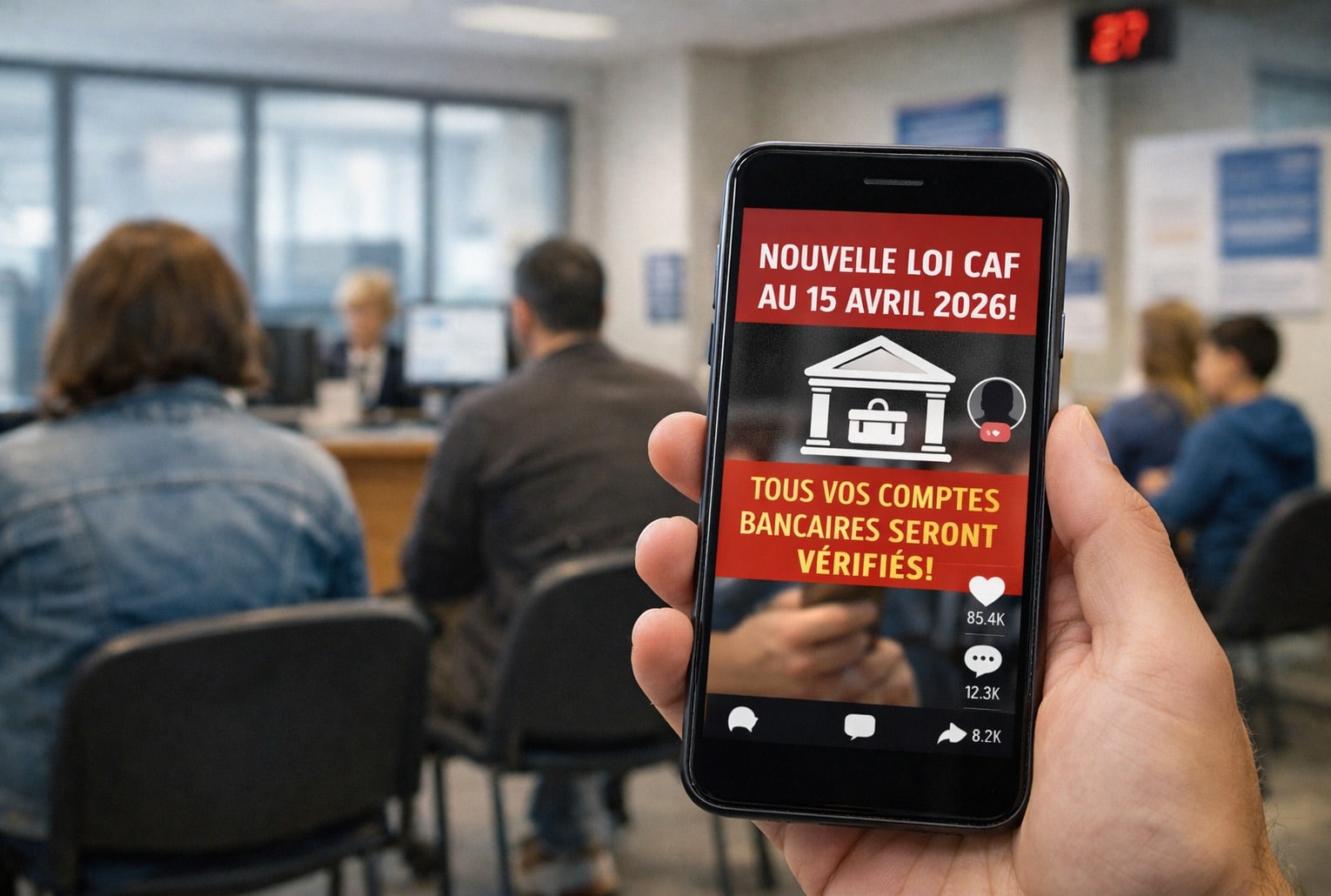 Nouvelle loi CAF 15 avril 2026 : smartphone affichant une vidéo virale, avec une salle d’attente d’un guichet social en arrière-plan.
