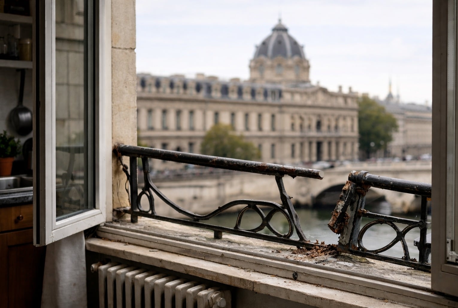 Illustration photoréaliste d’une fenêtre d’appartement parisien avec un garde-corps abîmé, sans élément policier, ambiance neutre.