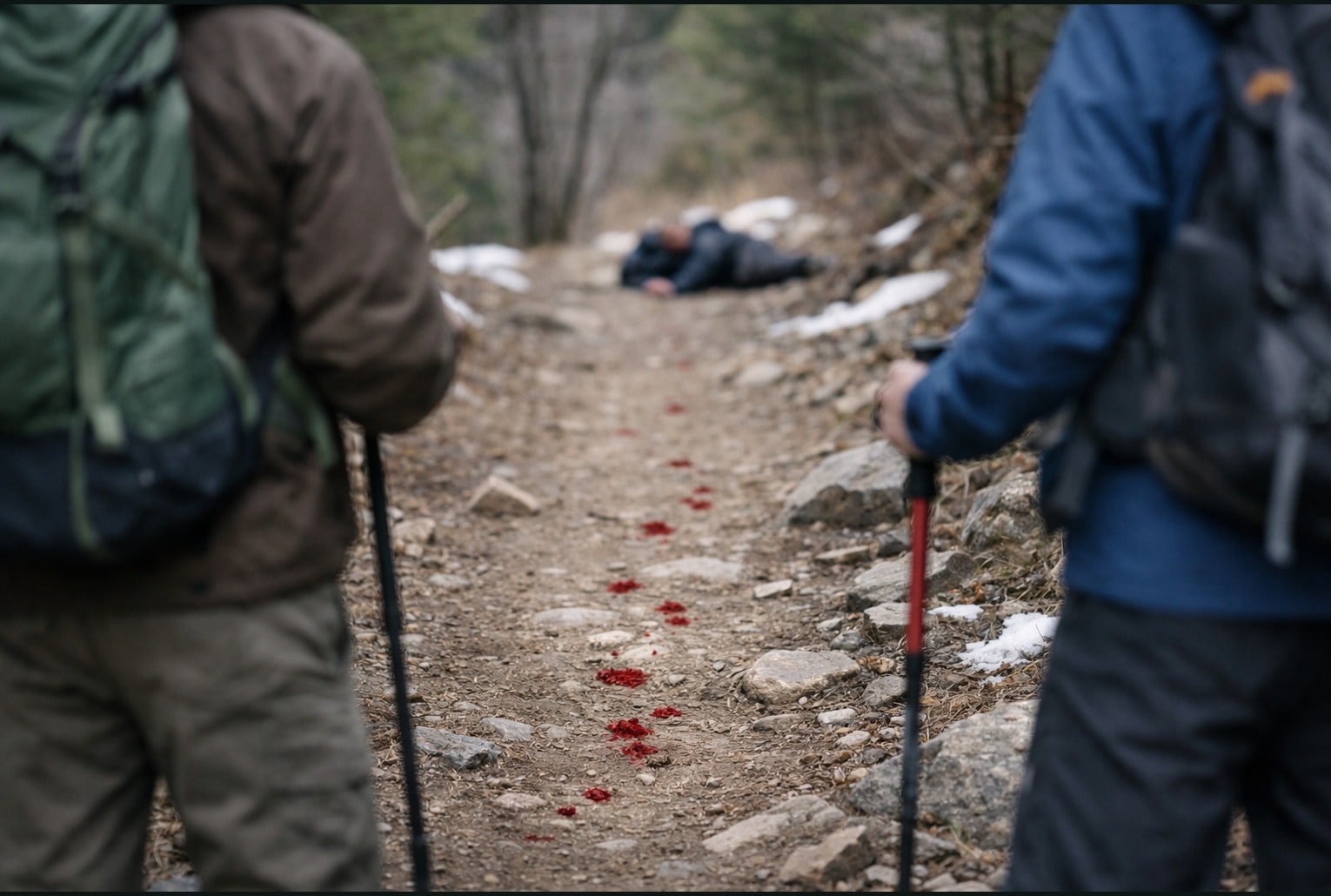 Traces de sang sur un sentier de randonnée, deux marcheurs s’arrêtent au bord du chemin
