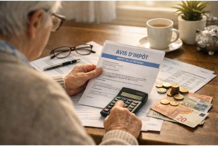 Retraite 2026 : une personne âgée calcule ses impôts avec une calculatrice, des documents fiscaux et des billets en euros.
