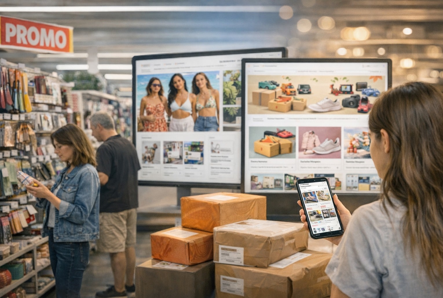 Cliente dans un magasin discount, tandis qu’une autre personne consulte des offres en ligne sur smartphone, symbolisant le basculement vers l’e-commerce.