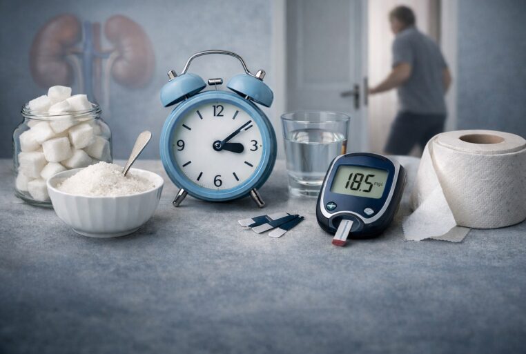 Polyurie et excès de sucre : réveil, sucre, lecteur de glycémie et silhouette allant aux toilettes.