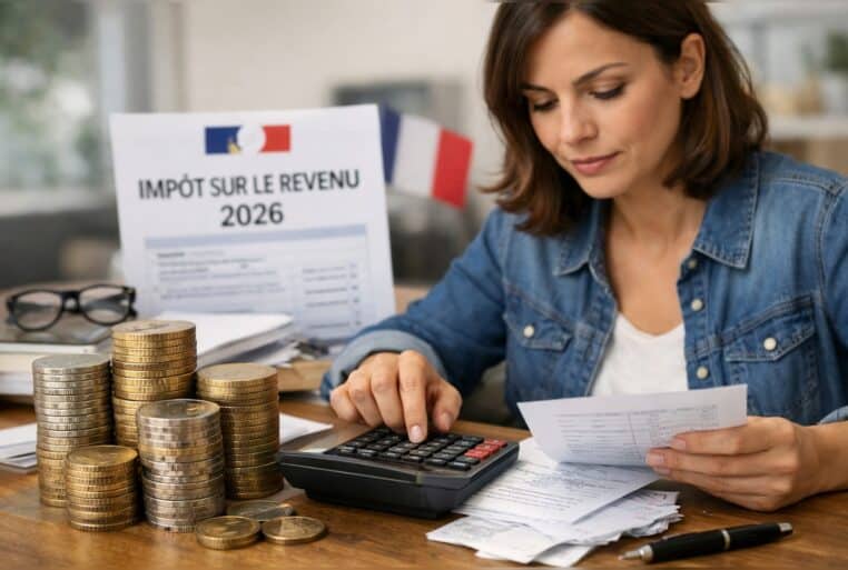 Femme utilisant une calculatrice devant des documents, barème de l’impôt sur le revenu 2026 en arrière-plan.