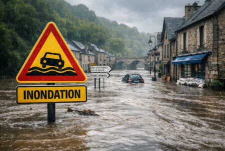 Inondations en France : panneau d’alerte et rue d’un village submergée par une crue