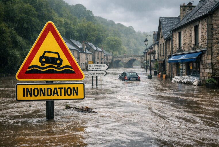 Inondations en France : panneau d’alerte et rue d’un village submergée par une crue