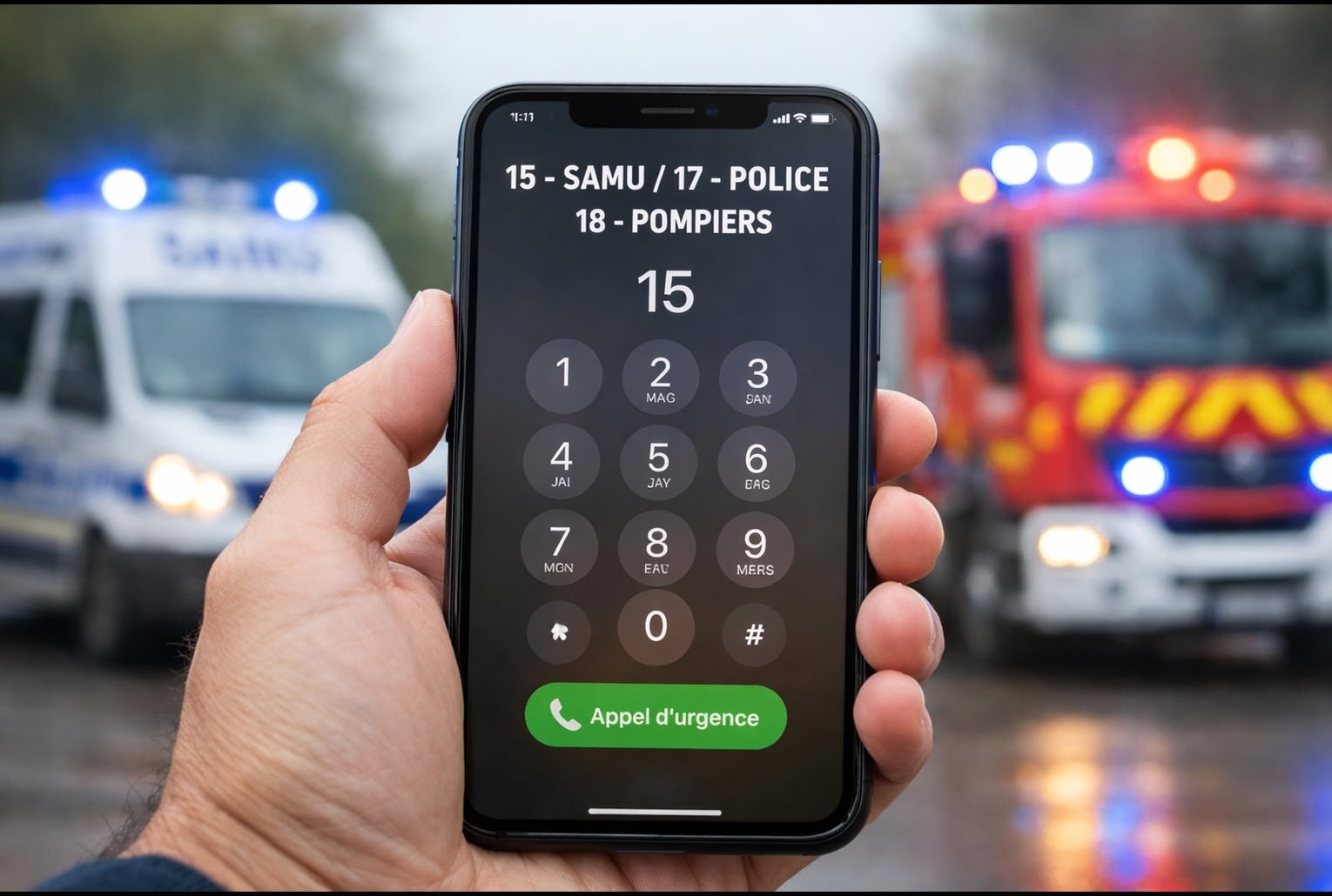 iPhone affichant l’appel d’urgence vers le 15, 17 et 18 en France (iOS 26.4)