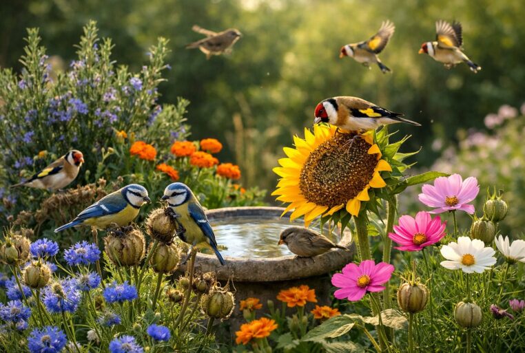 Jardin fleuri avec tournesol, cosmos, bleuets et nigelles attirant des oiseaux (mésanges et chardonnerets) autour d’un point d’eau.