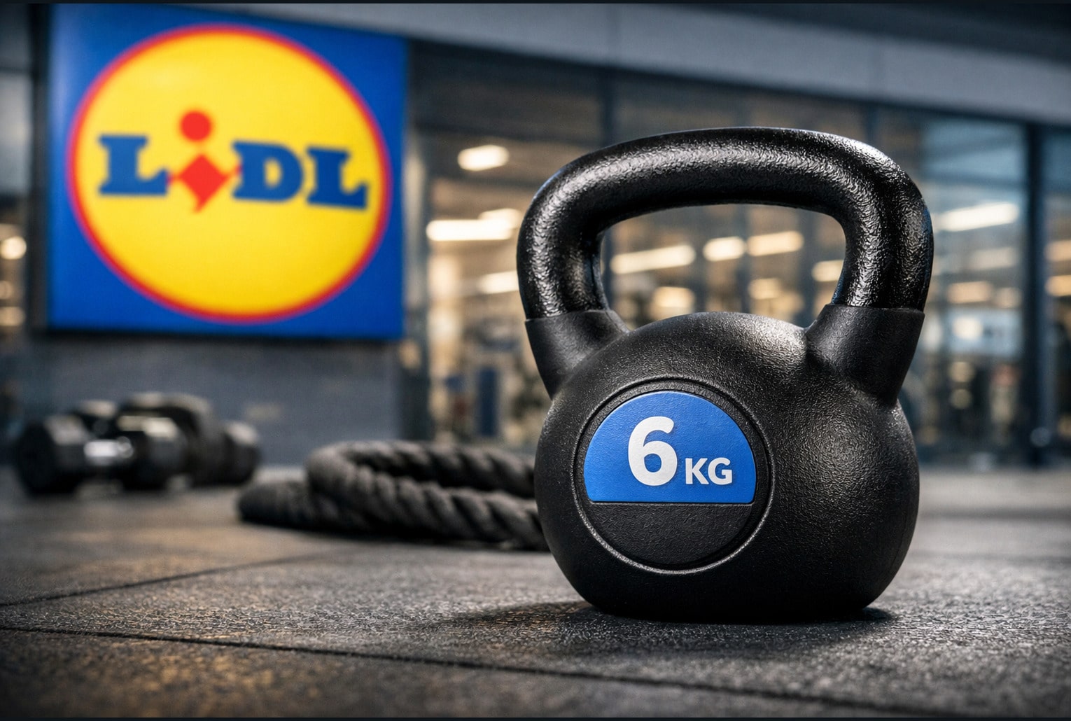 Kettlebell Lidl Crivit posée sur un tapis de sport, avec le logo Lidl en arrière-plan.