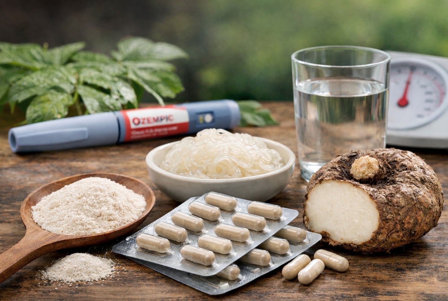 Konjac coupe-faim : poudre, gélules et tubercule de konjac sur une table, avec un verre d’eau et des nouilles shirataki.