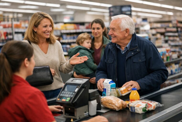 Une cliente laisse passer un homme âgé à la caisse du supermarché (laisser passer à la caisse).