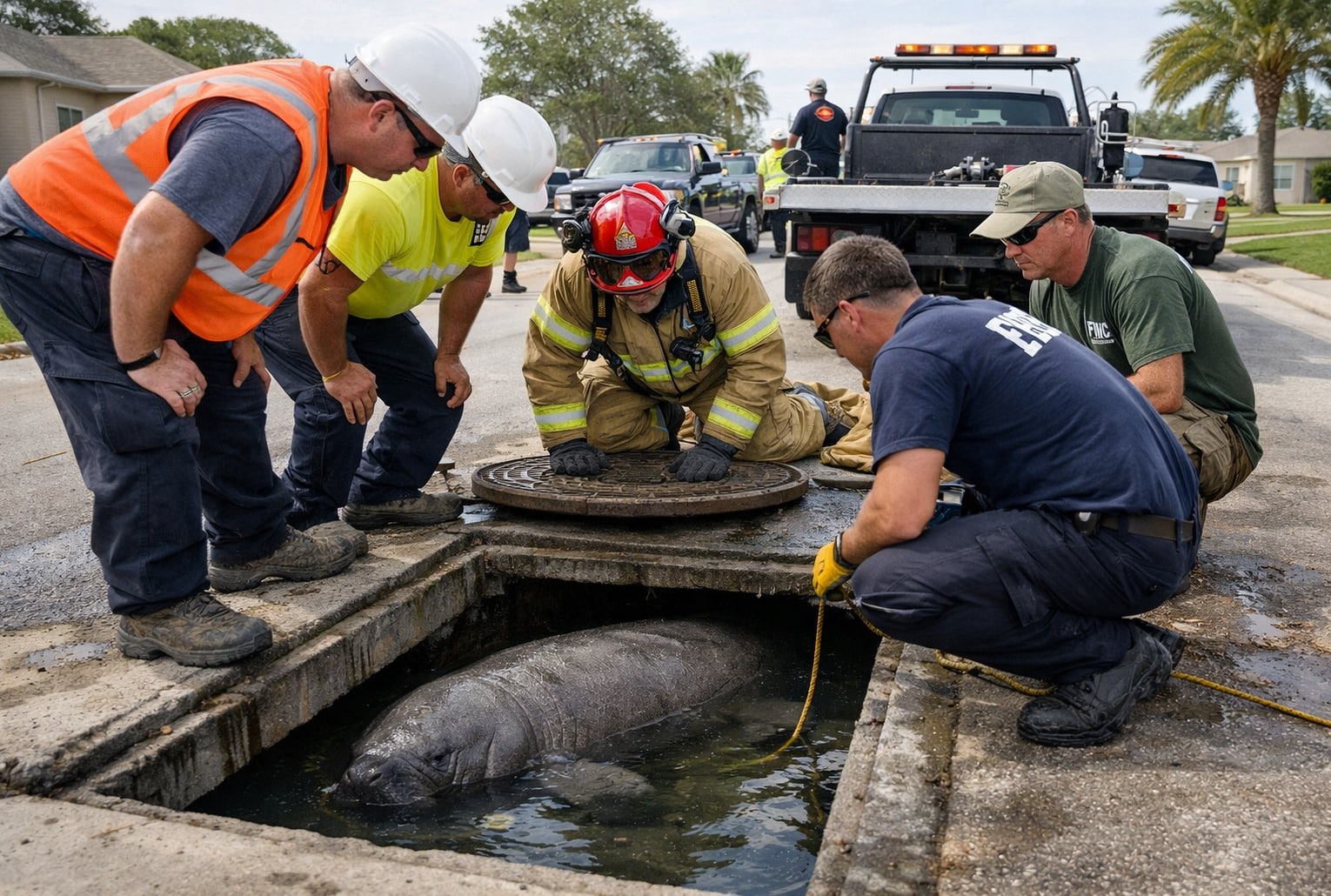 Sauvetage d’un lamantin coincé dans un égout en Floride, autour d’une bouche d’égout ouverte.