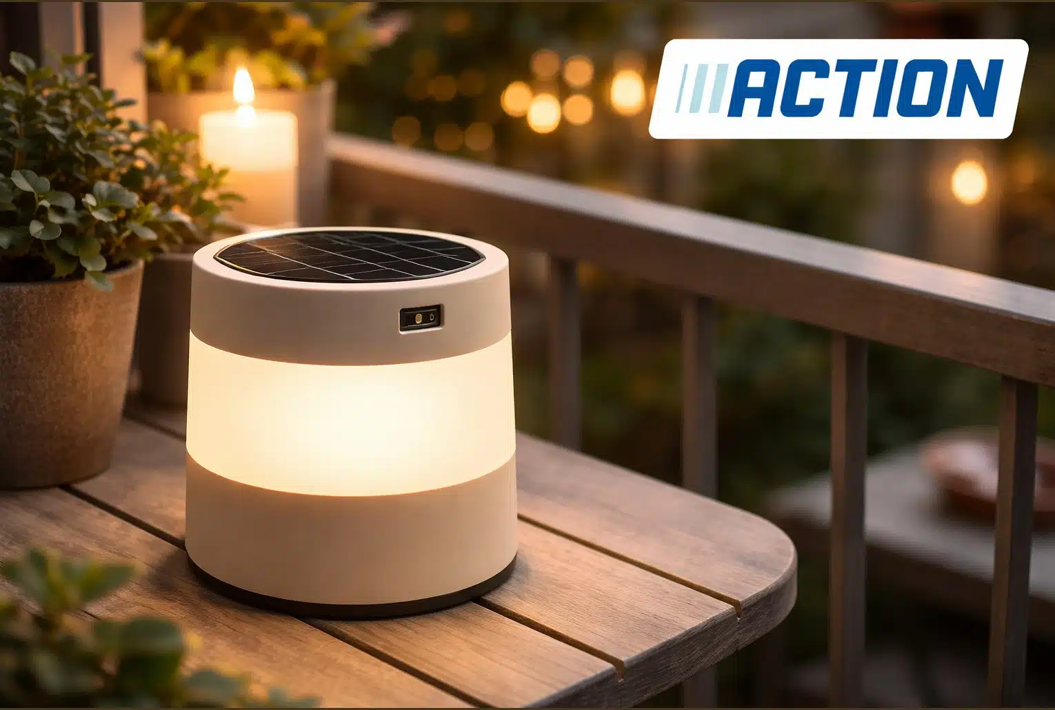 Lampe solaire beige posée sur une table de balcon au crépuscule, lumière chaude, avec le logo Action en haut à droite.