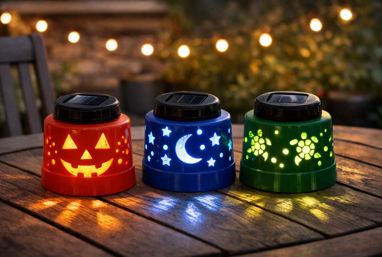 Lanternes solaires DIY avec couvercles en plastique colorés, posées sur une table de terrasse au crépuscule