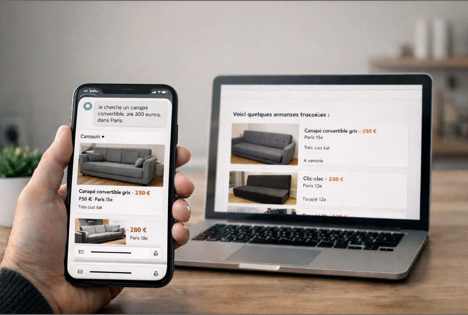 Leboncoin dans ChatGPT : recherche d’annonces en langage naturel sur smartphone, avec résultats sur ordinateur portable.