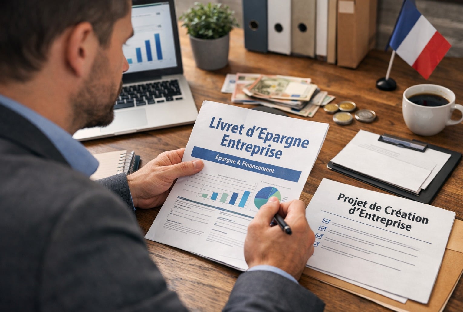 Un entrepreneur consulte un dossier “livret d’épargne entreprise” sur son bureau, avec des euros, un ordinateur et des documents de création d’activité.